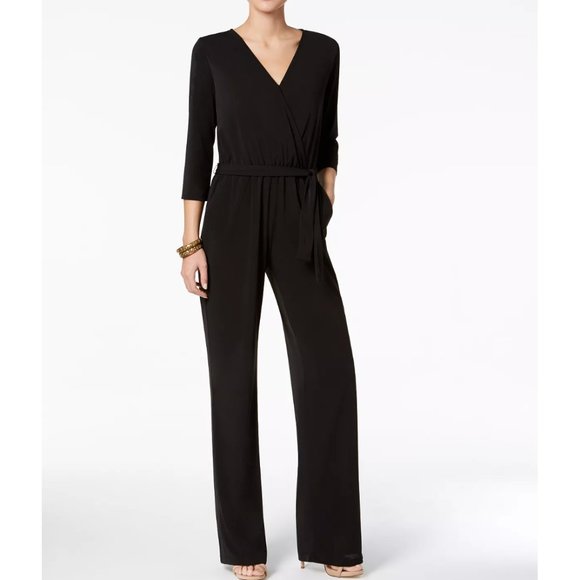 NY Collection Pants - NY Collection Petite Belted Jumpsuit Half Long Sleeve Black Size XS